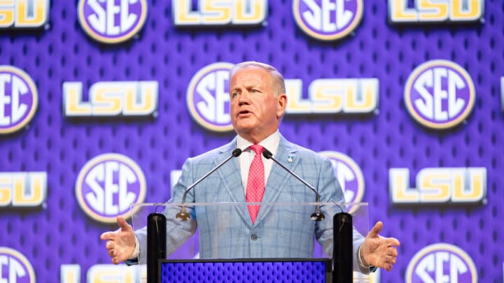 Jul 15, 2024; Dallas, TX, USA; LSU head coach Brian Kelly speaking at Omni Dallas Hotel. Mandatory Credit: Brett Patzke-USA TODAY Sports