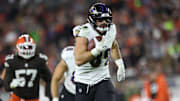 Nov 16, 2025; Cleveland, Ohio, USA; Baltimore Ravens tight end Mark Andrews (89) runs for a touchdown during the fourth quarter against the Cleveland Browns at Huntington Bank Field. Mandatory Credit: Scott Galvin-Imagn Images
