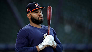 Aug 16, 2024; Houston, Texas, USA; Houston Astros first baseman Jon Singleton (28) prior to the game against the Chicago White Sox at Minute Maid Park. Mandatory Credit: Erik Williams-Imagn Images