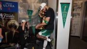 Jun 17, 2024; Boston, Massachusetts, USA; Boston Celtics forward Jayson Tatum (0) holds the Larry O’Brien Championship Trophy after their win against the Dallas Mavericks after game five of the 2024 NBA Finals at TD Garden. Mandatory Credit: Elsa/Pool Photo-USA TODAY Sports
