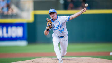 May 24, 2024; Charlotte, NC, USA; North Carolina Tar Heels pitcher Shea Sprague starts against the Wake Forest during the ACC Baseball Tournament at Truist Field. Mandatory Credit: Scott Kinser-USA TODAY Sports