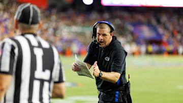 Sep 6, 2025; Gainesville, Florida, USA; Florida Gators head coach Billy Napier calls a timeout against the Florida Gators during the second half at Ben Hill Griffin Stadium. Mandatory Credit: Matt Pendleton-Imagn Images
