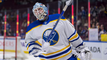 Mar 19, 2024; Vancouver, British Columbia, CAN; Buffalo Sabres goalie Ukko Pekka Luukkonen (1) skates during warm up prior to a game against the Vancouver Canucks at Rogers Arena. Mandatory Credit: Bob Frid-USA TODAY Sports