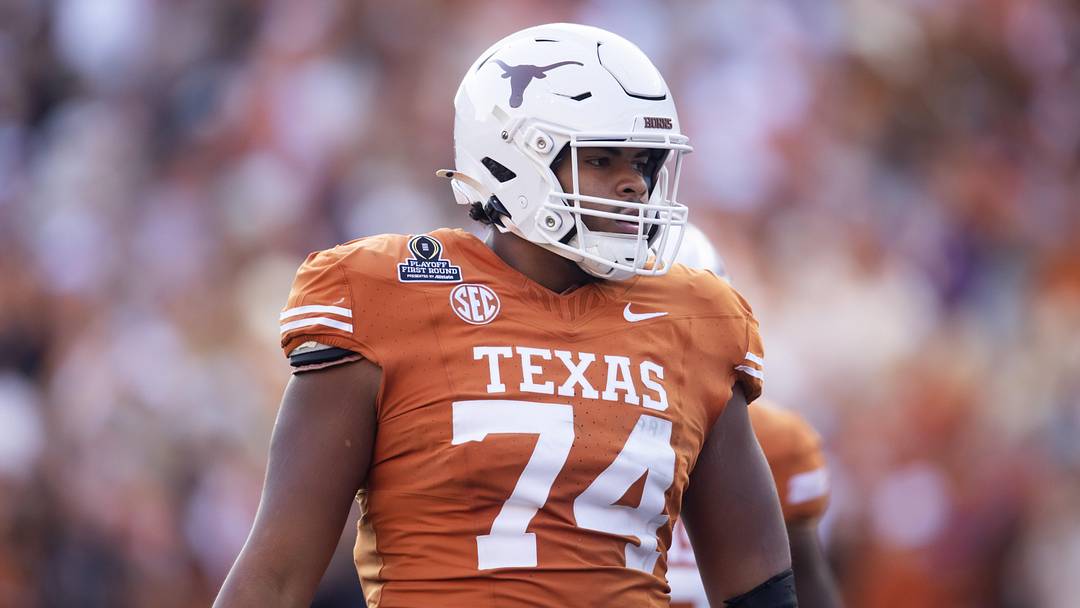 Dec 21, 2024; Austin, Texas, USA; Texas Longhorns offensive lineman Trevor Goosby (74) against the Clemson Tigers during the CFP National playoff first round at Darrell K Royal-Texas Memorial Stadium. Mandatory Credit: Mark J. Rebilas-Imagn Images Dec 21, 2024; Austin, Texas, USA; Texas Longhorns offensive lineman Trevor Goosby (74) against the Clemson Tigers during the CFP National playoff first round at Darrell K Royal-Texas Memorial Stadium. Mandatory Credit: Mark J. Rebilas-Imagn Images
