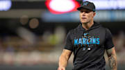 Sep 26, 2024; Minneapolis, Minnesota, USA; Miami Marlins manager Skip Schumaker (45) walks back to the dugout in the seventh inning at Target Field.