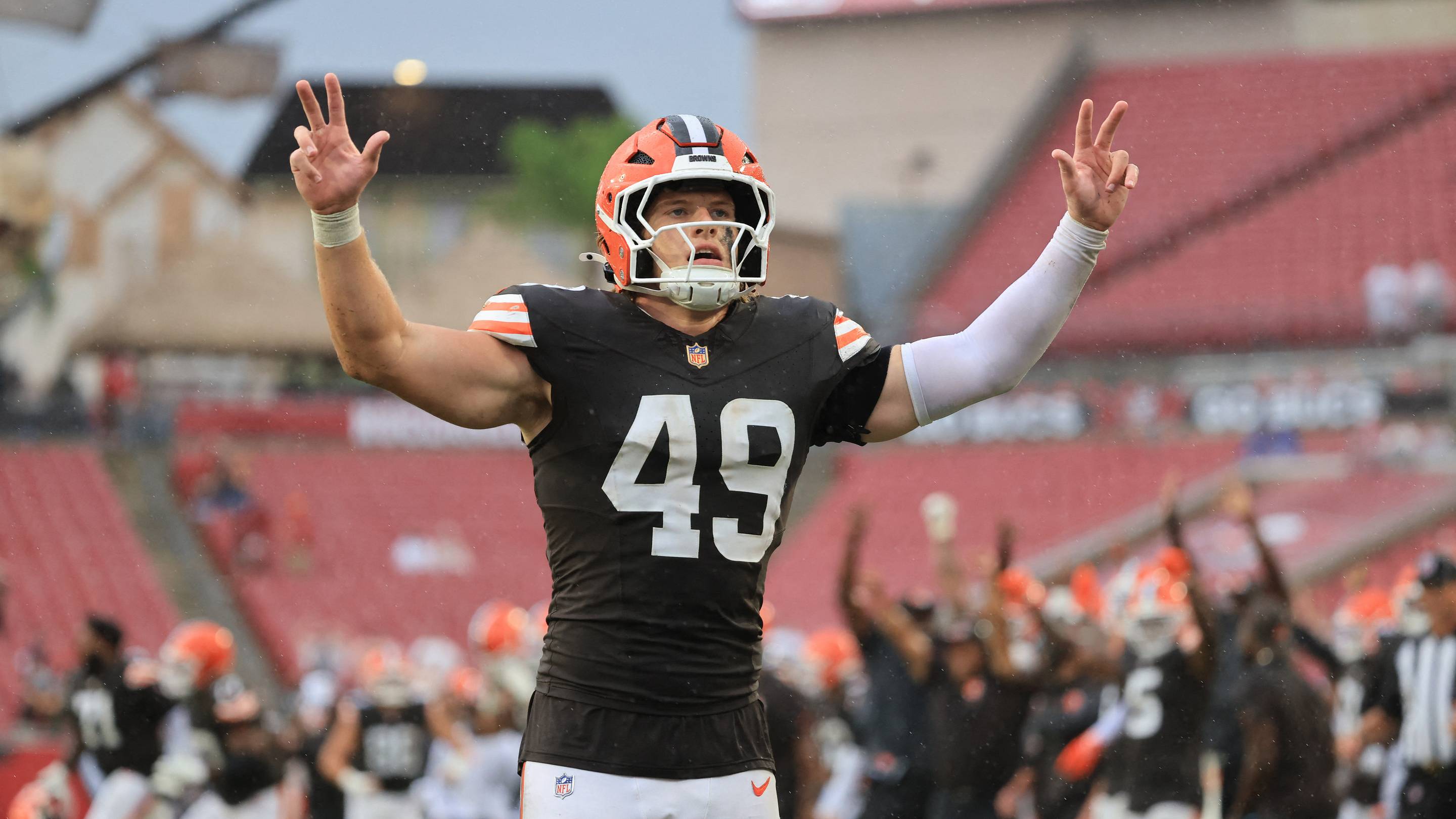 Sep 20, 2026; Tampa, Florida, USA; Cleveland Browns linebacker Carson Schwesinger (49) reacts after they beat the Tampa Bay Buccaneers during the second half at Raymond James Stadium. Mandatory Credit: Kim Klement Neitzel-Imagn Images