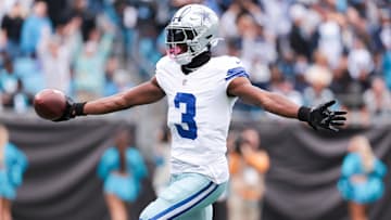 Oct 12, 2025; Charlotte, North Carolina, USA; Dallas Cowboys wide receiver George Pickens (3) celebrates a touchdown during the second half against the Carolina Panthers at Bank of America Stadium. Mandatory Credit: Scott Kinser-Imagn Images