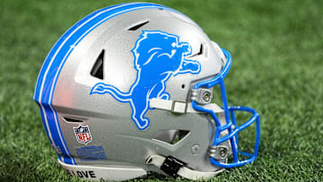 Helmet of Detroit Lions place kicker Jake Bates (not in the photo) before the NFC divisional round between Detroit Lions and Washington Commanders] at Ford Field in Detroit on Saturday, Jan. 18, 2025.