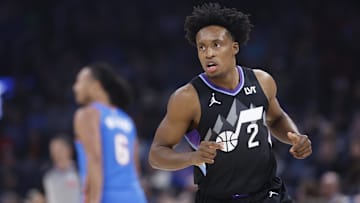 Jan 22, 2025; Oklahoma City, Oklahoma, USA; Utah Jazz guard Collin Sexton (2) runs down the court against the Oklahoma City Thunder during the first quarter at Paycom Center. Mandatory Credit: Alonzo Adams-Imagn Images