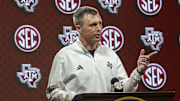Texas A&M Aggies head coach Bucky McMillan talks with the media during SEC Media Days at Grand Bohemian Hotel.
