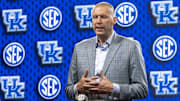 Kentucky Wildcats head coach Mark Pope talks with the media 