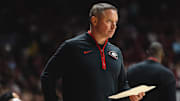 Feb 1, 2025; Tuscaloosa, Alabama, USA; Georgia Bulldogs head coach Mike White looks on during the first half against the Alabama Crimson Tide at Coleman Coliseum. Mandatory Credit: Will McLelland-Imagn Images