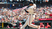 May 12, 2024; San Francisco, California, USA; San Francisco Giants infielder LaMonte Wade Jr. (31) homers.