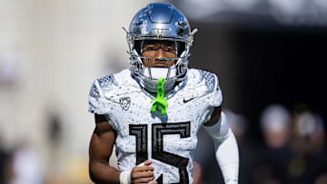Nov 18, 2023; Tempe, Arizona, USA; Oregon Ducks wide receiver Tez Johnson (15) against the Arizona State Sun Devils at Mountain America Stadium. Mandatory Credit: Mark J. Rebilas-USA TODAY Sports