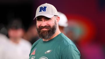 Feb 1, 2024; Orlando, FL, USA;  Philadelphia Eagles center Jason Kelce (62) participates in the NFL Pro Bowl Skills Competition at the UCF NIcholson Fieldhouse. Mandatory Credit: Nathan Ray Seebeck-USA TODAY Sports