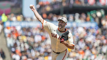 May 18, 2025; San Francisco, California, USA; San Francisco Giants pitcher Justin Verlander (35) throws a pitch during the fourth inning against the Oakland Athletics at Oracle Park. Mandatory Credit: Bob Kupbens-Imagn Images