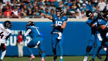 Jacksonville Jaguars quarterback Trevor Lawrence (16) throws the ball during the first quarter of an NFL football matchup Sunday, Dec. 1, 2024 at EverBank Stadium in Jacksonville, Fla. 
