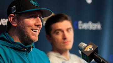 Jacksonville Jaguars head coach Liam Coen, left, speaks next to general manager James Gladstone during a press conference at Miller Electric Center Tuesday, April 15, 2025 in Jacksonville, Fla. [Corey Perrine/Florida Times-Union]