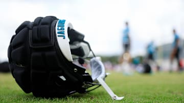 The helmet of Jacksonville Jaguars wide receiver Joshua Cephus (19) lies on the turf during a combined NFL football training camp session between the Tampa Bay Buccaneers and Jacksonville Jaguars Thursday, Aug. 15, 2024 at EverBank Stadium’s Miller Electric Center in Jacksonville, Fla. [Corey Perrine/Florida Times-Union]