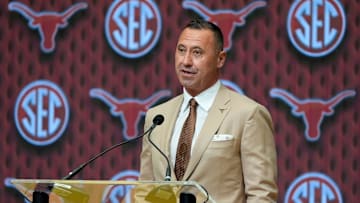 July 15, 2025; Atlanta, GA, USA; Texas head coach Steve Sarkisian speaks during SEC Media Days at the College Football Hall of Fame in Atlanta.