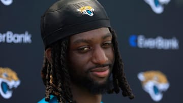 Jacksonville Jaguars wide receiver Brian Thomas Jr. (7) answers questions from the media during the 10th organized team activity at Miller Electric Center Wednesday, June 4, 2025 in Jacksonville, Fla. [Corey Perrine/Florida Times-Union]