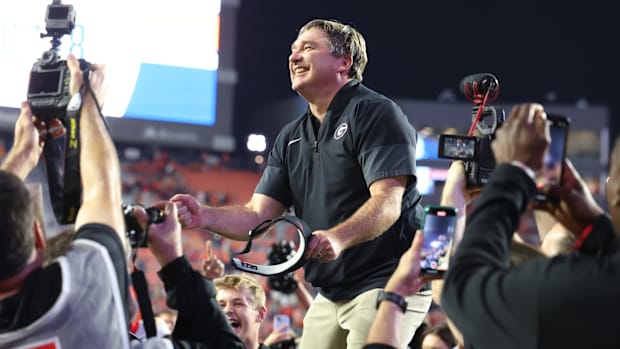 Georgia Bulldogs head coach Kirby Smart celebrates after the Bulldogs