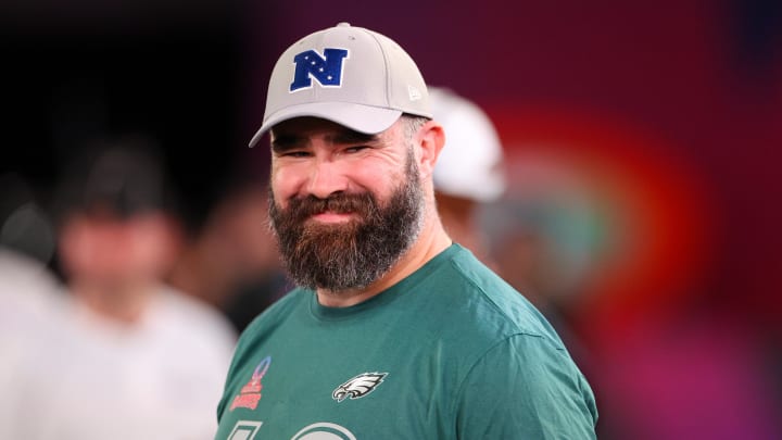 Feb 1, 2024; Orlando, FL, USA;  Philadelphia Eagles center Jason Kelce (62) participates in the NFL Pro Bowl Skills Competition at the UCF NIcholson Fieldhouse. Mandatory Credit: Nathan Ray Seebeck-USA TODAY Sports