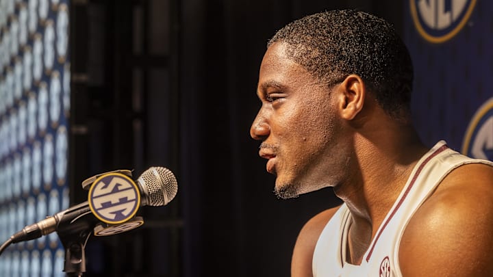 Oct 15, 2025; Birmingham, AL, USA; Mississippi State Bulldogs guard Josh Hubbard talks with the media during SEC Media Days at Grand Bohemian Hotel. Mandatory Credit: Vasha Hunt-Imagn Images