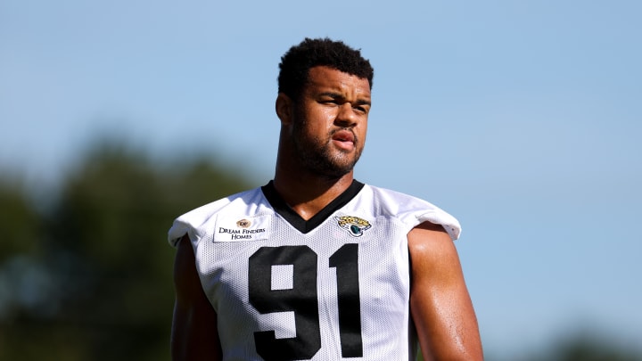 Jul 24, 2024; Jacksonville, FL, USA; Jacksonville Jaguars defensive end Arik Armstead (91) participates in training camp at Miller Electric Center. 