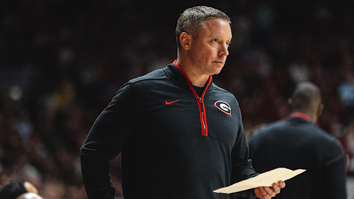 Feb 1, 2025; Tuscaloosa, Alabama, USA; Georgia Bulldogs head coach Mike White looks on during the first half against the Alabama Crimson Tide at Coleman Coliseum. Mandatory Credit: Will McLelland-Imagn Images