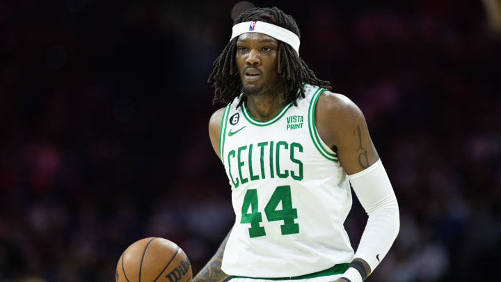 May 11, 2023; Philadelphia, Pennsylvania, USA; Boston Celtics center Robert Williams III (44) dribbles the ball up court against the Philadelphia 76ers during the third quarter in game six of the 2023 NBA playoffs at Wells Fargo Center. Mandatory Credit: Bill Streicher-USA TODAY Sports