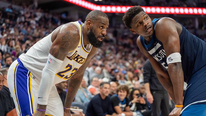 Apr 27, 2025; Minneapolis, Minnesota, USA; Minnesota Timberwolves guard Anthony Edwards (5) guards Los Angeles Lakers forward LeBron James (23) in the second quarter during game four of first round for the 2025 NBA Playoffs at Target Center. Mandatory Credit: Matt Blewett-Imagn Images