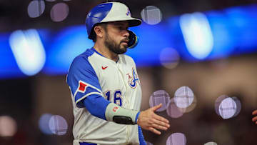 Aug 24, 2024; Atlanta, Georgia, USA; Atlanta Braves catcher Travis d'Arnaud (16) during a pitching change against the Washington Nationals in the sixth inning at Truist Park. Mandatory Credit: Brett Davis-Imagn Images
