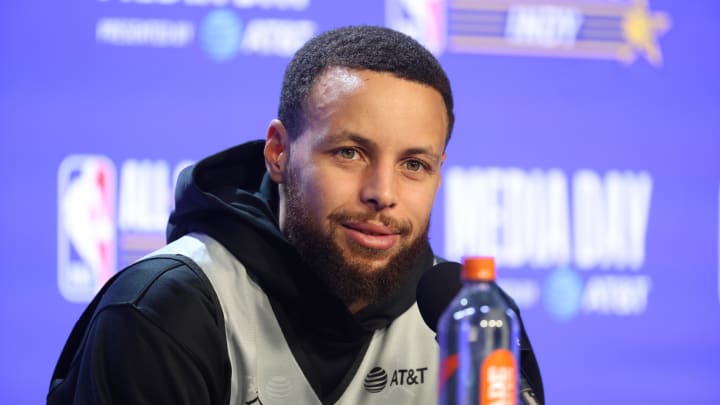 Feb 17, 2024; Indianapolis, IN, USA; Western Conference guard Stephen Curry (30) of the Golden State Warriors  talk to the press during NBA All Star practice at Gainbridge Fieldhouse. 