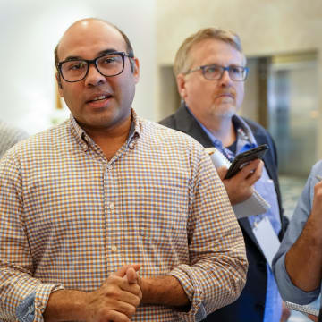 Nov 9, 2022; Las Vegas, NV, USA; San Francisco Giants president of baseball operations Farhan Zaidi answers questions from the media during the MLB GM Meetings at The Conrad Las Vegas.