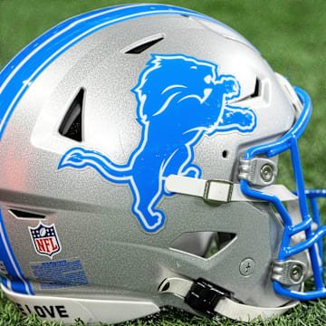 Helmet of Detroit Lions place kicker Jake Bates (not in the photo) before the NFC divisional round between Detroit Lions and Washington Commanders] at Ford Field in Detroit on Saturday, Jan. 18, 2025.