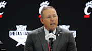 Jul 8, 2025; Frisco, TX, USA; Cincinnati head coach Scott Satterfield addresses the media during 2025 Big 12 Football Media Days at The Star. Mandatory Credit: Raymond Carlin III-Imagn Images