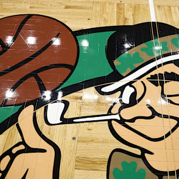 Mar 5, 2025; Boston, Massachusetts, USA; The Boston Celtics logo is seen on the court before the game between the Boston Celtics and the Portland Trail Blazers at TD Garden. Mandatory Credit: Winslow Townson-Imagn Images
