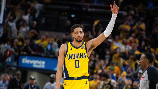 Indiana Pacers guard Tyrese Haliburton celebrates a made basket during a 2024 NBA playoff game against Milwaukee.