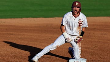 Florida St. infielder Alex Lodise (1) reacts to his double at second base during the first inning of an NCAA college baseball matchup Tuesday, March 25, 2025 at VyStar Ballpark in Jacksonville, Fla. FSU rallied to defeat UF 8-4 off a walk-off grand slam from Alex Lodise in the ninth inning. [Corey Perrine/Florida Times-Union]