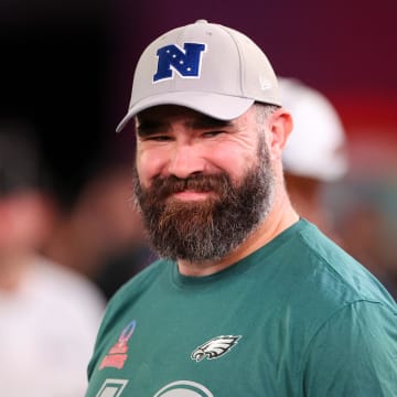 Feb 1, 2024; Orlando, FL, USA;  Philadelphia Eagles center Jason Kelce (62) participates in the NFL Pro Bowl Skills Competition at the UCF NIcholson Fieldhouse. Mandatory Credit: Nathan Ray Seebeck-USA TODAY Sports