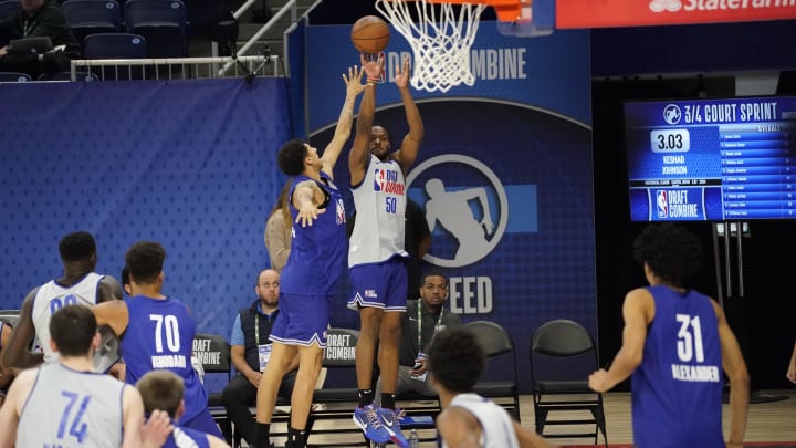 May 15, 2024; Chicago, IL, USA; Bronny James (50) takes a shot during the 2024 NBA Draft Combine at Wintrust Arena. Mandatory Credit: David Banks-USA TODAY Sports