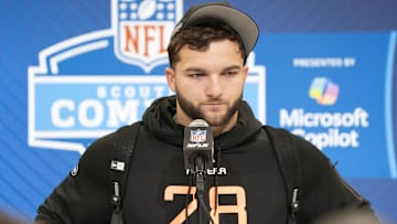 Arizona State running back Cameron Skattebo (RB28) during the 2025 NFL Combine at Indiana Convention Center.