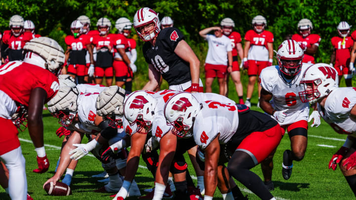 Wisconsin quarterback Tyler Van Dyke (10) calls a play during football practice 