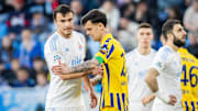 David Strelec of Slovan and Christian Herc of DAC during the 5th round of Championship group of the Nike liga match between SK Slovan Bratislava and DAC Dunajska Streda. Bratislava, Slovakia, April 12, 2025.