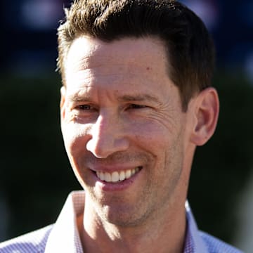 Nov 7, 2023; Scottsdale, AZ, USA; Boston Red Sox chief baseball officer Craig Breslow speaks to the media during the MLB General Manager's Meetings at Omni Scottsdale Resort & Spa. Mandatory Credit: Mark J. Rebilas-Imagn Images