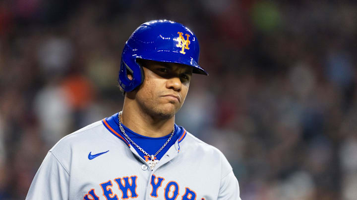 May 5, 2025; Phoenix, Arizona, USA; New York Mets outfielder Juan Soto in the eighth inning against the Arizona Diamondbacks at Chase Field. Mandatory Credit: Mark J. Rebilas-Imagn Images