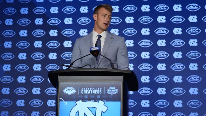 Jul 25, 2024; Charlotte, NC, USA;  UNC Tar Heels quarteback Max Johnson speaks to the media during the ACC Kickoff at Hilton Charlotte Uptown. Mandatory Credit: Jim Dedmon-USA TODAY Sports