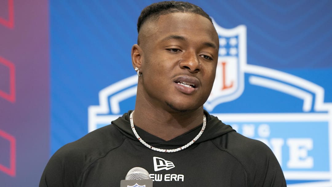 Feb 28, 2025; Indianapolis, IN, USA; Iowa running back Kaleb Johnson (RB16) talks to the press during the 2025 NFL Combine at Indiana Convention Center. Mandatory Credit: Stephanie Amador Blondet-Imagn Images