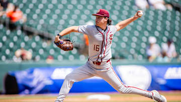 May 24, 2024; Charlotte, NC, USA; Florida State Seminoles pitcher Jamie Arnold (16) in the third inning against the Virginia Cavaliers during the ACC Baseball Tournament at Truist Field. Mandatory Credit: Scott Kinser-Imagn Images